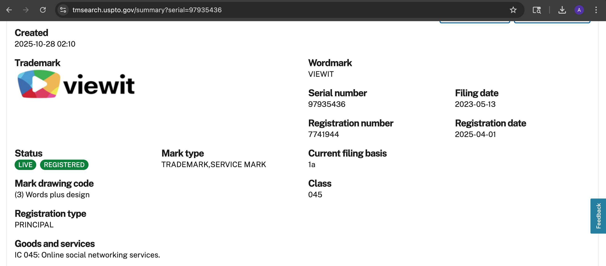 Viewit Trademark Registration Screenshot